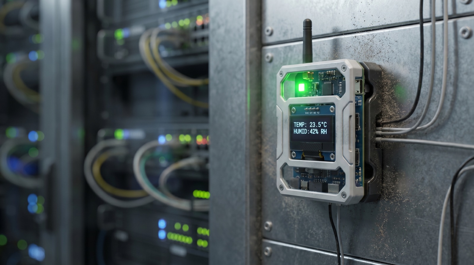 IoT environmental sensor monitoring temperature and humidity beside data centre equipment