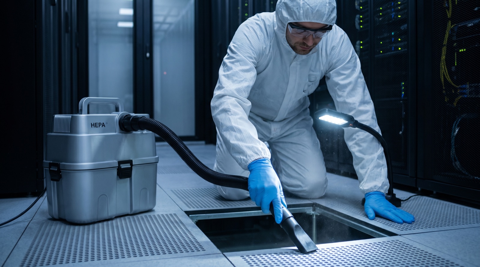 Cleanroom operative using HEPA equipment during raised floor cleaning in a data hall